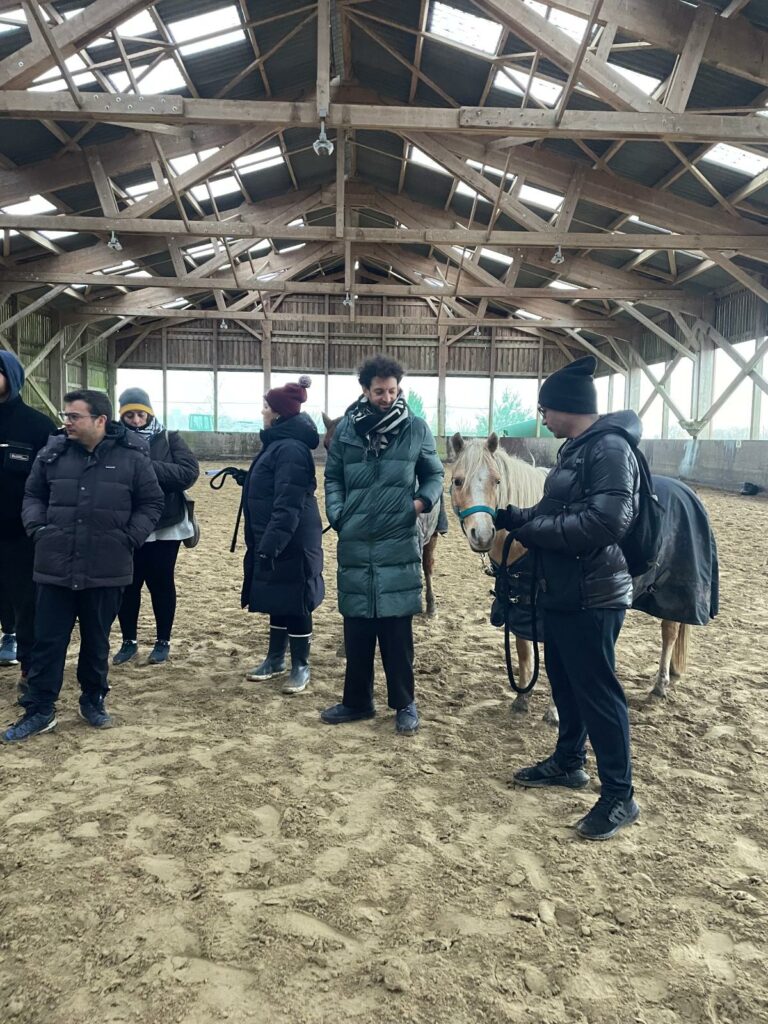 Séminaire d’entreprise en équicoaching avec participants et cheval dans un manège couvert